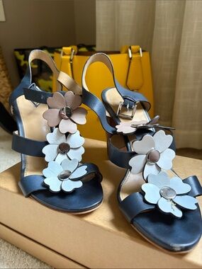 Michael Kors Navy Leather Floral Strappy Slingback Sandals